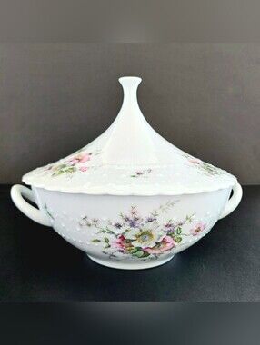 Mid-Century Limoges France Eglantine Pink Rose Lidded Serving Tureen Veg Bowl